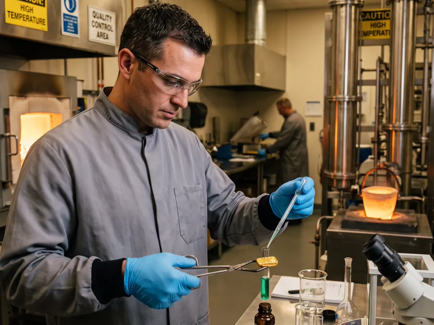 Operator performing a documented quality check on refined metal