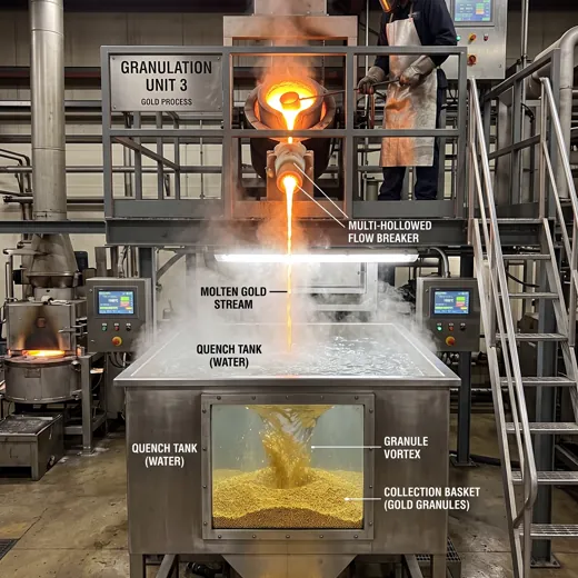 Gold granules poured into a granulation vessel