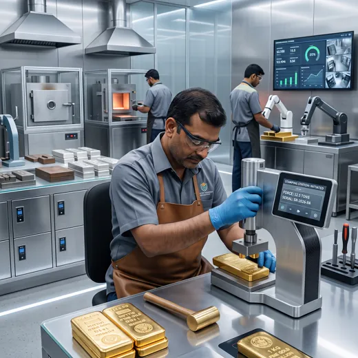 Finished gold bar weighed on a precision balance